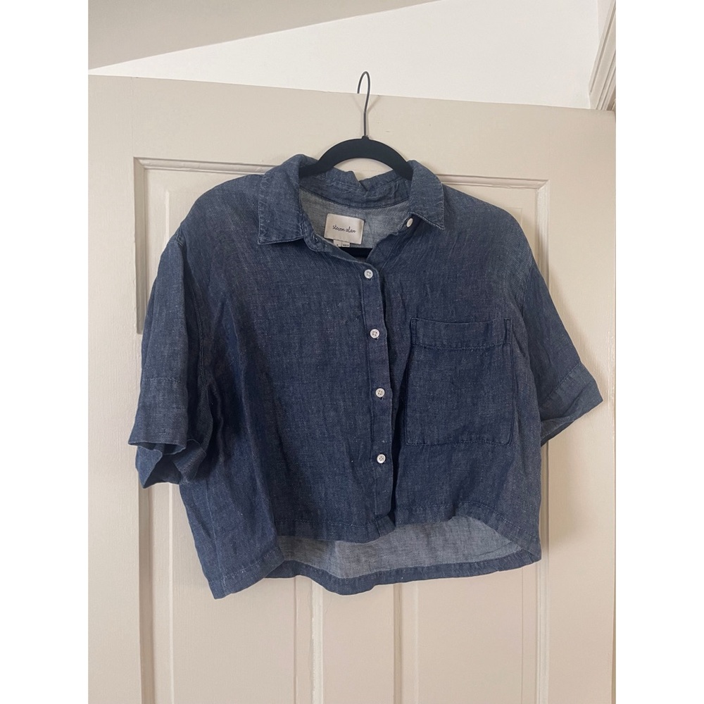 Steven Alan Denim Cropped Button Up SS Top Size Small